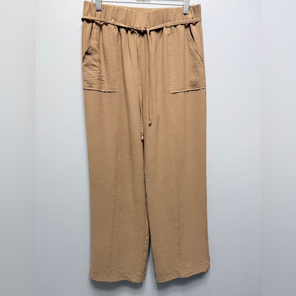 #1) Women's Wide Leg Tan Pants with belt and pockets